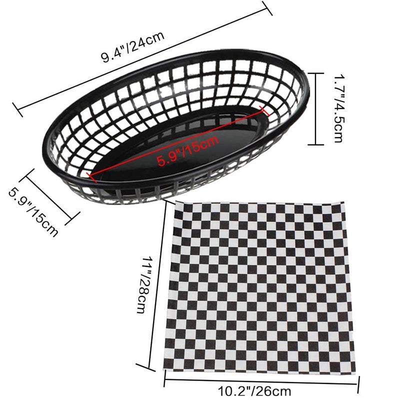 FEOOWV Retro Style Fast Food Basket (12Pk) and Checkered Deli Liner (100 Pk) Combo. Fast Food Basket Are Dishwasher Safe. Disposable Deli Paper Squares for Easy Cleanup (Black) - Image 2